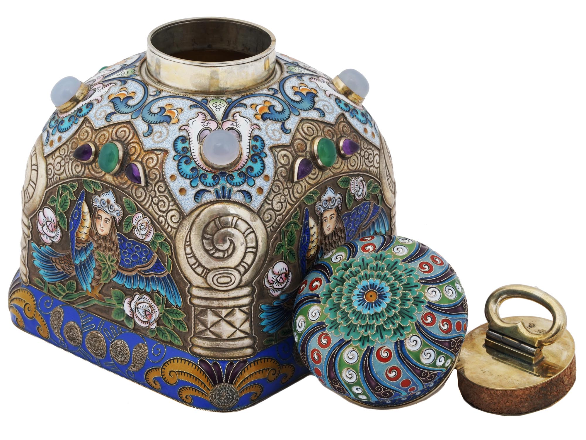 RUSSIAN GILT SILVER CLOISONNE ENAMEL TEA CADDY PIC-1